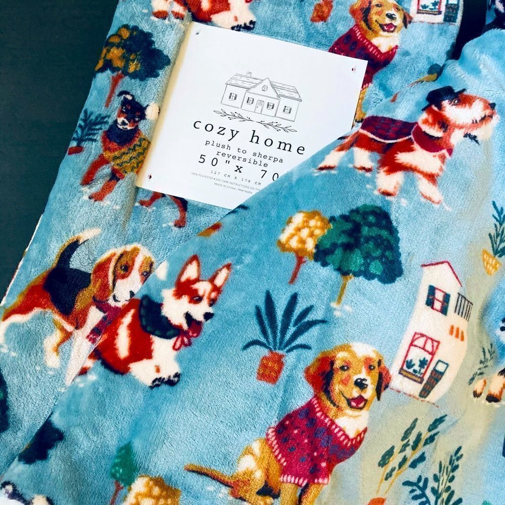 Cozy Dogs & Plants Print Sherpa Plush Dog Throw Blanket